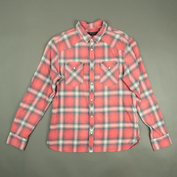 AllSaints Clayhill Plaid Long Sleeve Pearl Snap Shirt Size Large - Picture 2 of 5